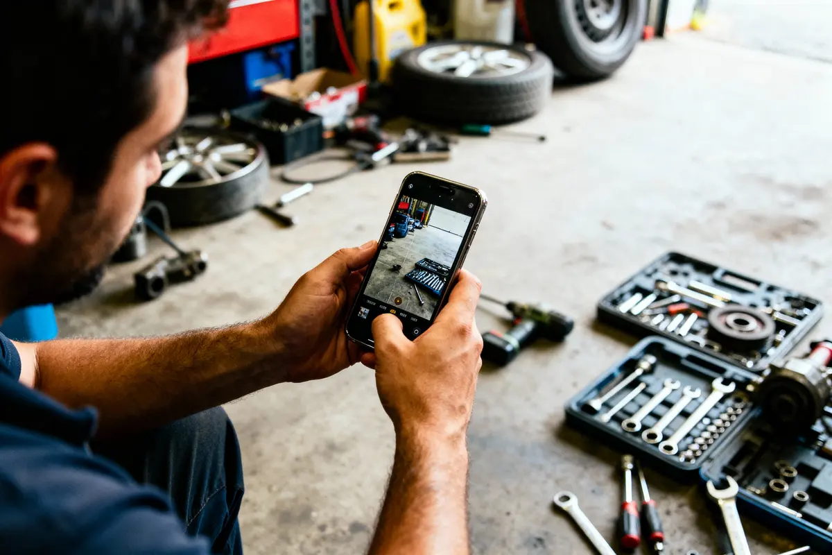 Homme prenant photo dans garage, outils et pneu en arrière-plan.