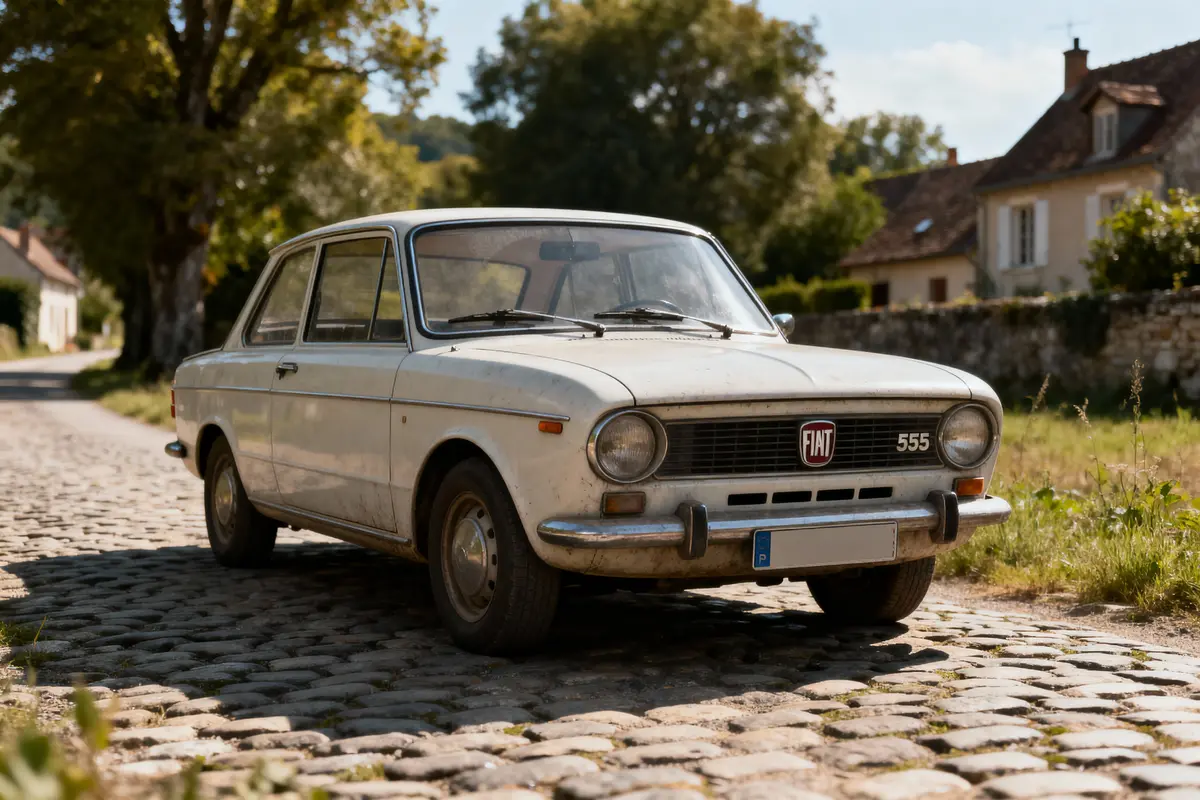 Voiture classique Fiat blanche sur route pavée, entourée de verdure, ciel bleu et maisons en arrière-plan.