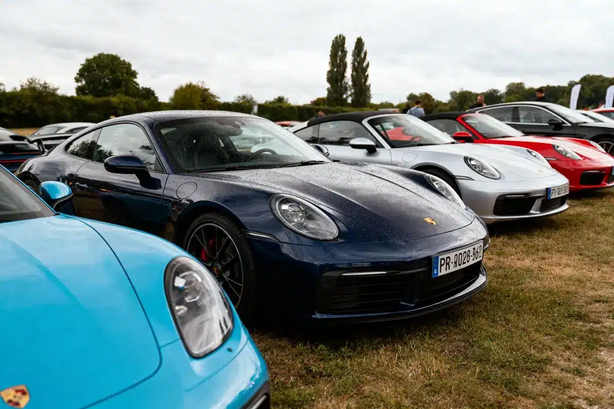 Plusieurs voitures de sport Porsche alignées sur un terrain herbeux par temps couvert.