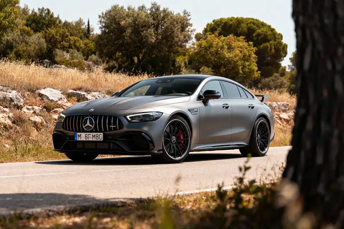 Voiture grise sportive Mercedes-AMG sur route, entourée de végétation et rochers, par temps ensoleillé.