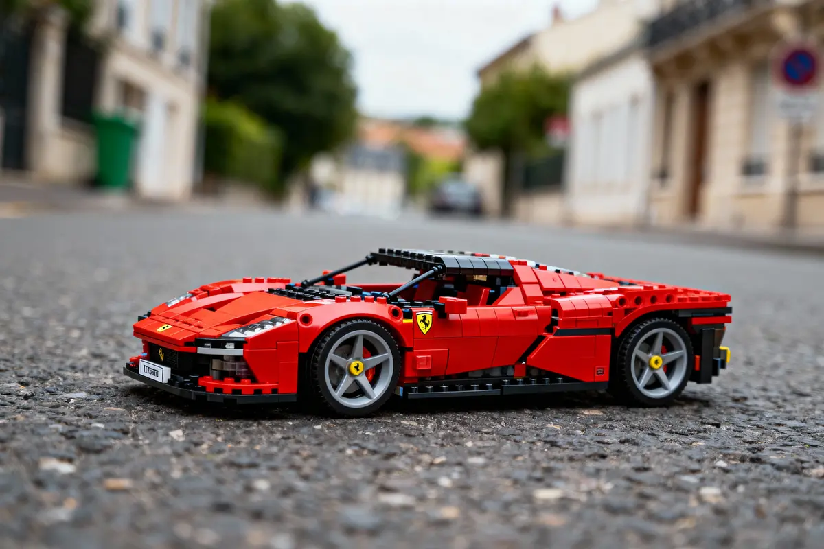 Voiture LEGO rouge sur route urbaine, mise au point sur le jouet, fond flou.