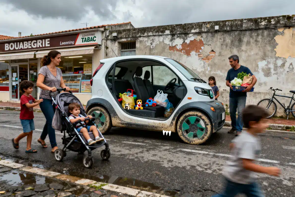 Une famille avec enfants et poussette, passant devant une voiture électrique chargée de courses et jouets.