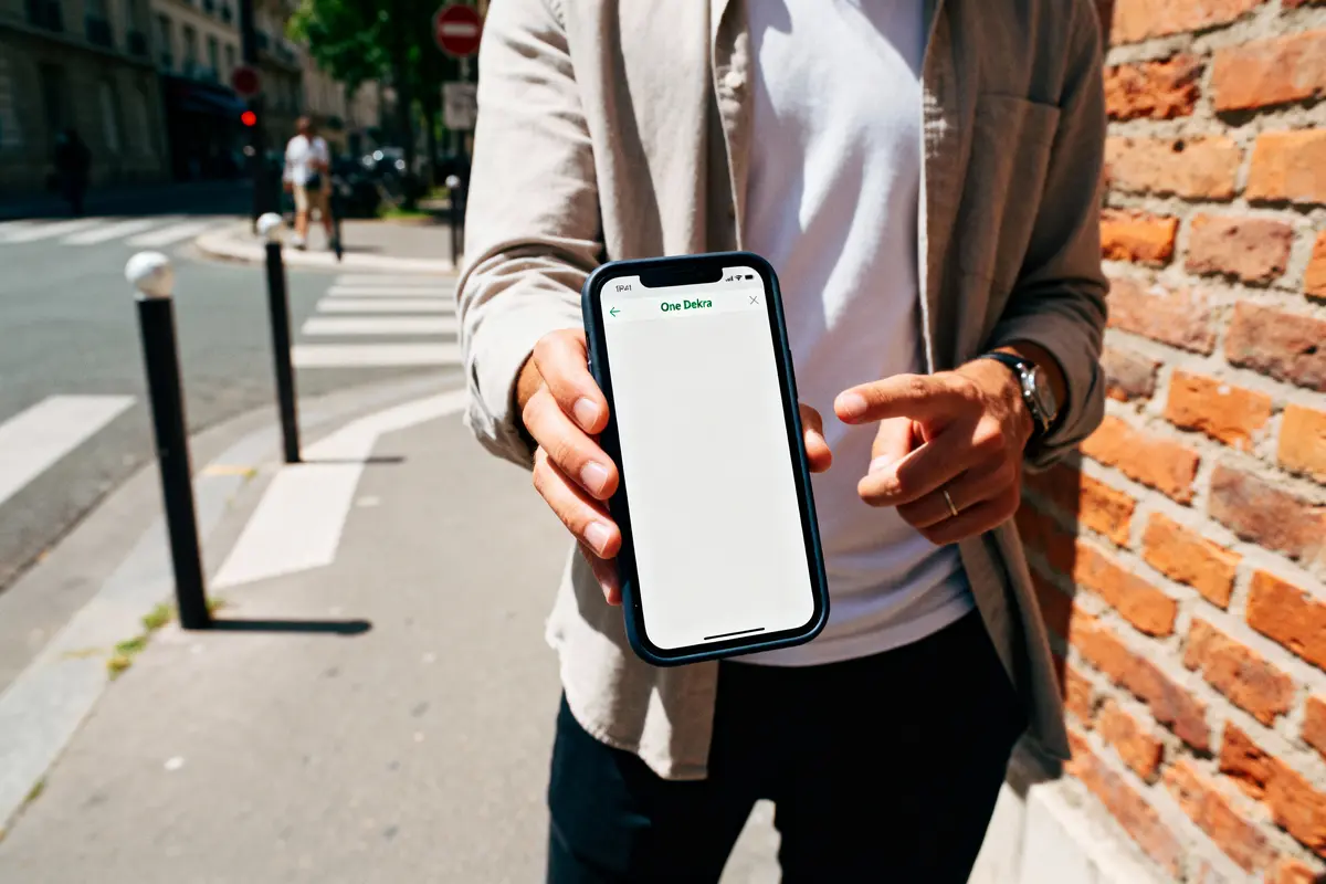 Personne tenant un smartphone affichant un écran blanc, debout sur un trottoir près d'un mur en briques.