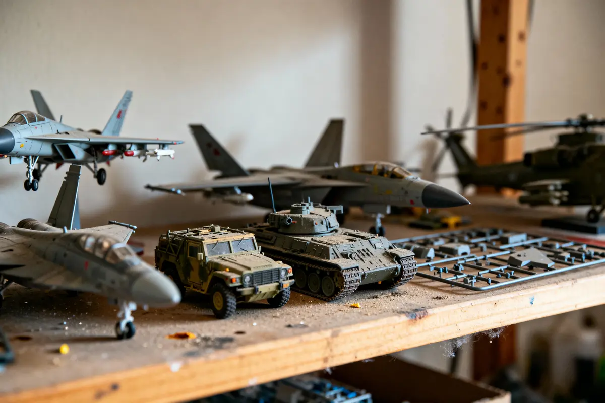 Maquettes d'avions, chars et hélicoptères sur une étagère en bois avec pièces détachées à proximité.