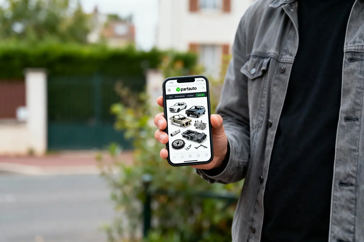 Personne tenant un smartphone affichant l'application Partauto pour pièces détachées automobiles, en extérieur flou.