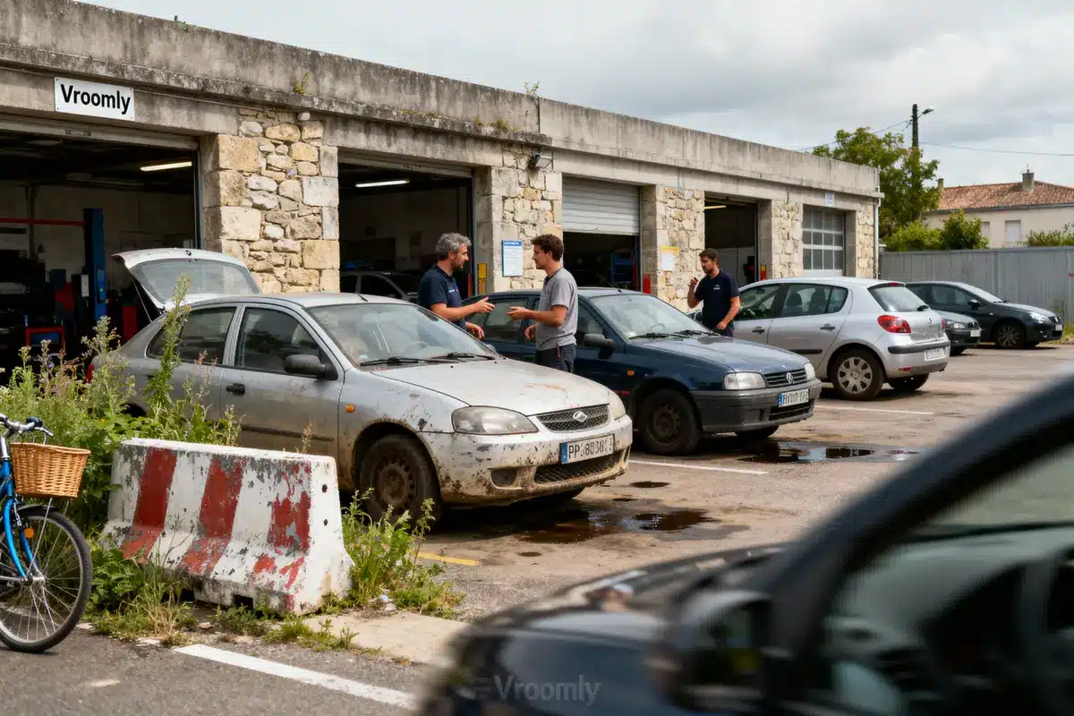 Garage avec voitures, deux hommes discutant devant, voiture avec capot ouvert, mur en pierre, vélo au premier plan.