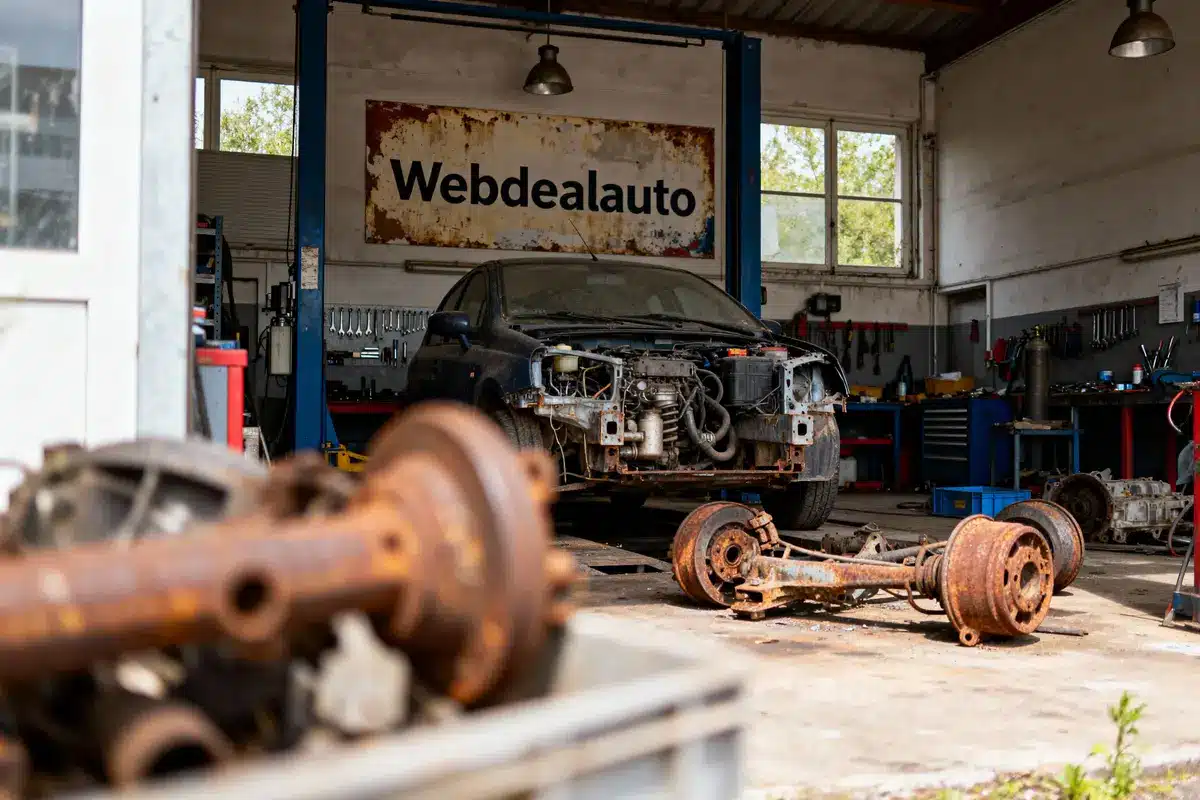 Atelier mécanique avec voiture démontée, pièces rouillées au sol, outils visibles, pancarte "Webdealauto" en arrière-plan.