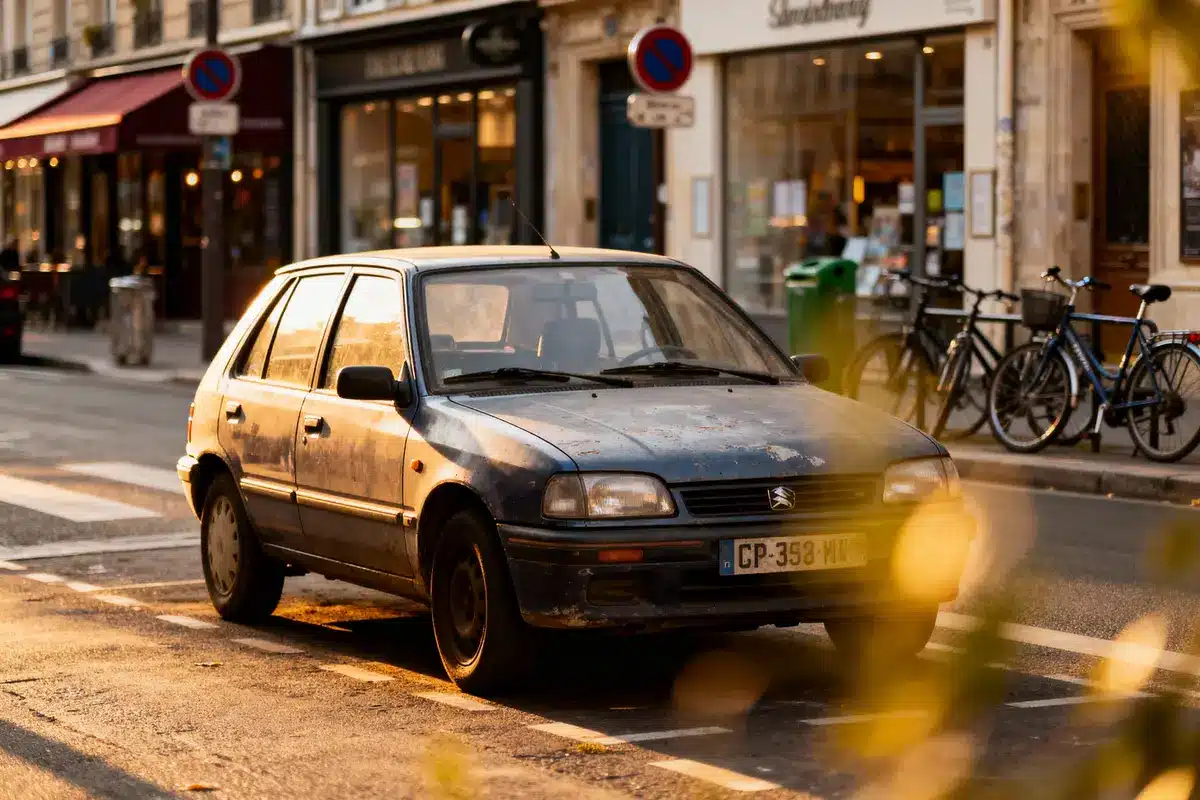 pexels-michal-pech-213601-757318 (1) Voiture ancienne stationnée dans une rue de Paris, près de boutiques et vélos, éclairée par le soleil couchant.