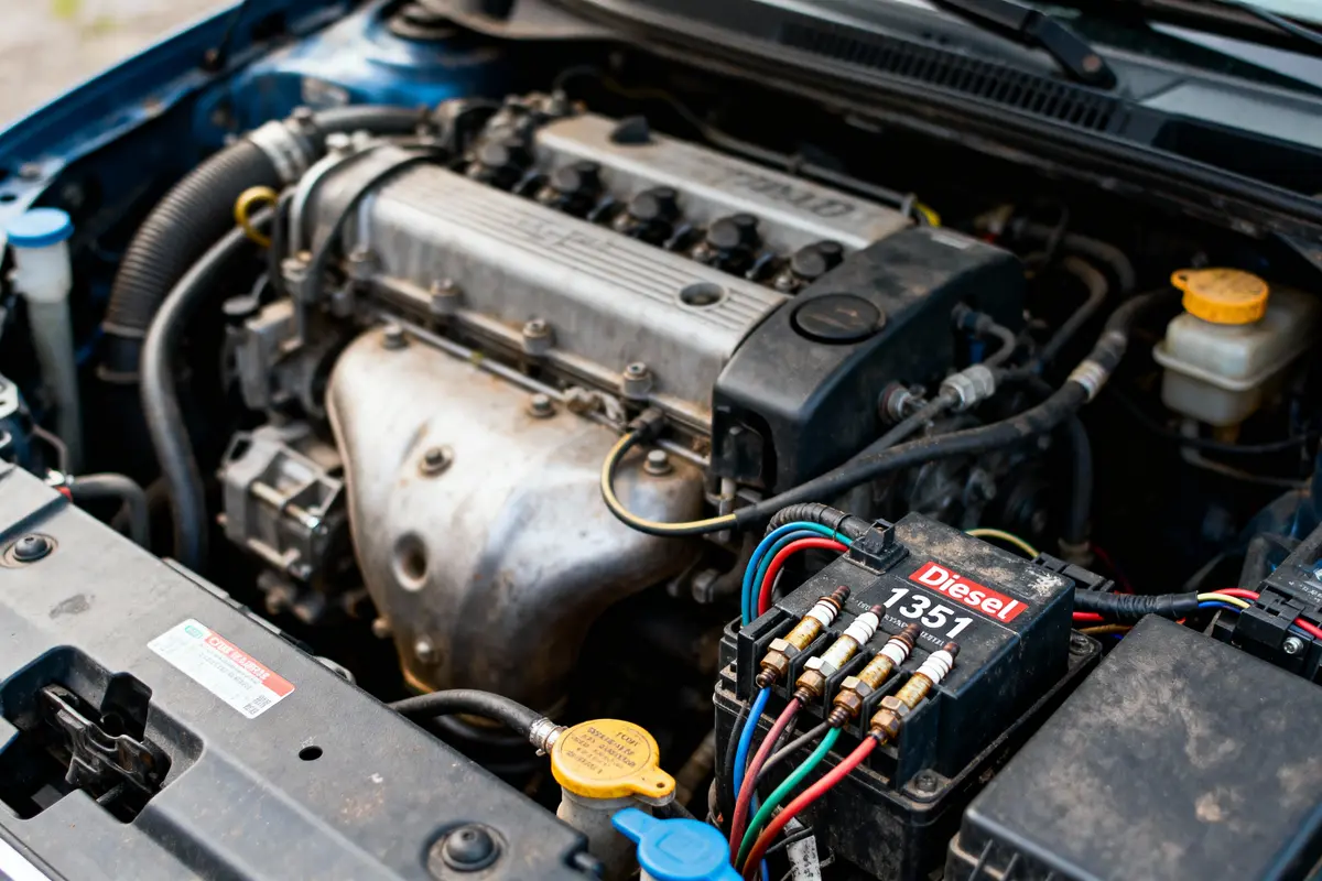 Moteur de voiture diesel avec câblage coloré et composants visibles dans le compartiment du moteur.