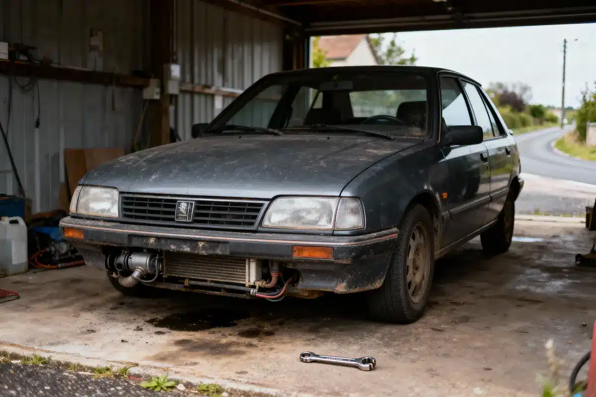 Vieille voiture dans un garage, capot ouvert, avec clé à molette posée au sol devant.