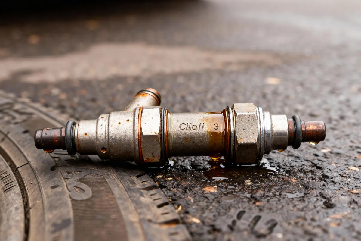 Injecteur métallique de voiture Clio II, posé sur route mouillée à côté d'un pneu.