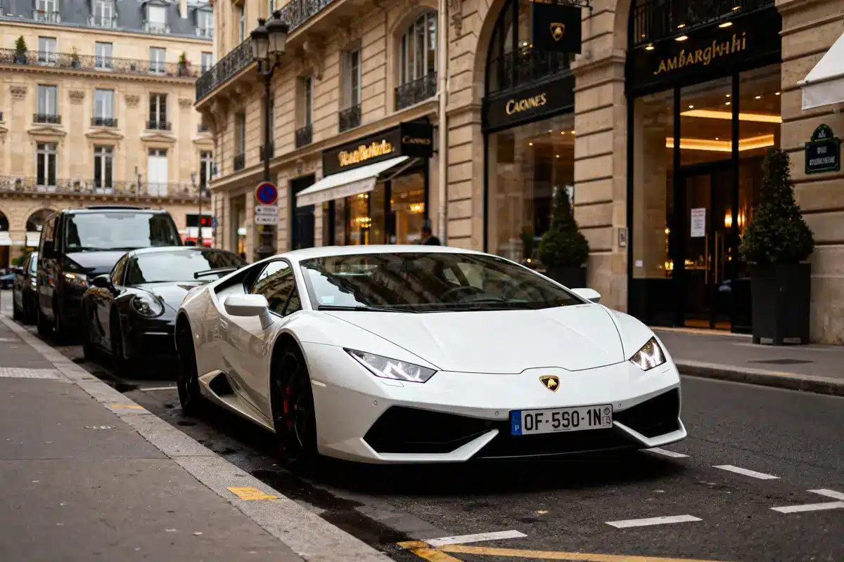 Voiture de sport blanche garée devant des bâtiments urbains élégants, Paris en arrière-plan.