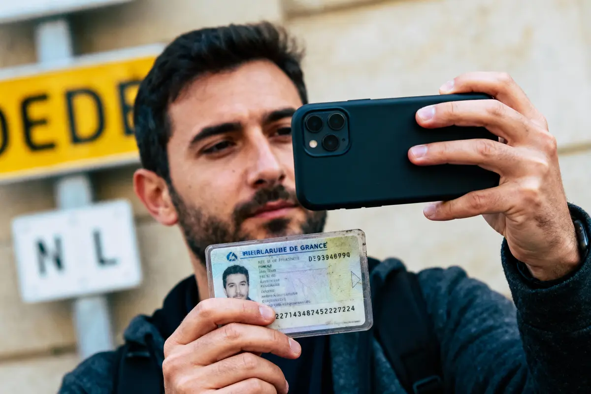Un homme prend un selfie avec un smartphone, tenant une carte d'identité française en plastique transparent.