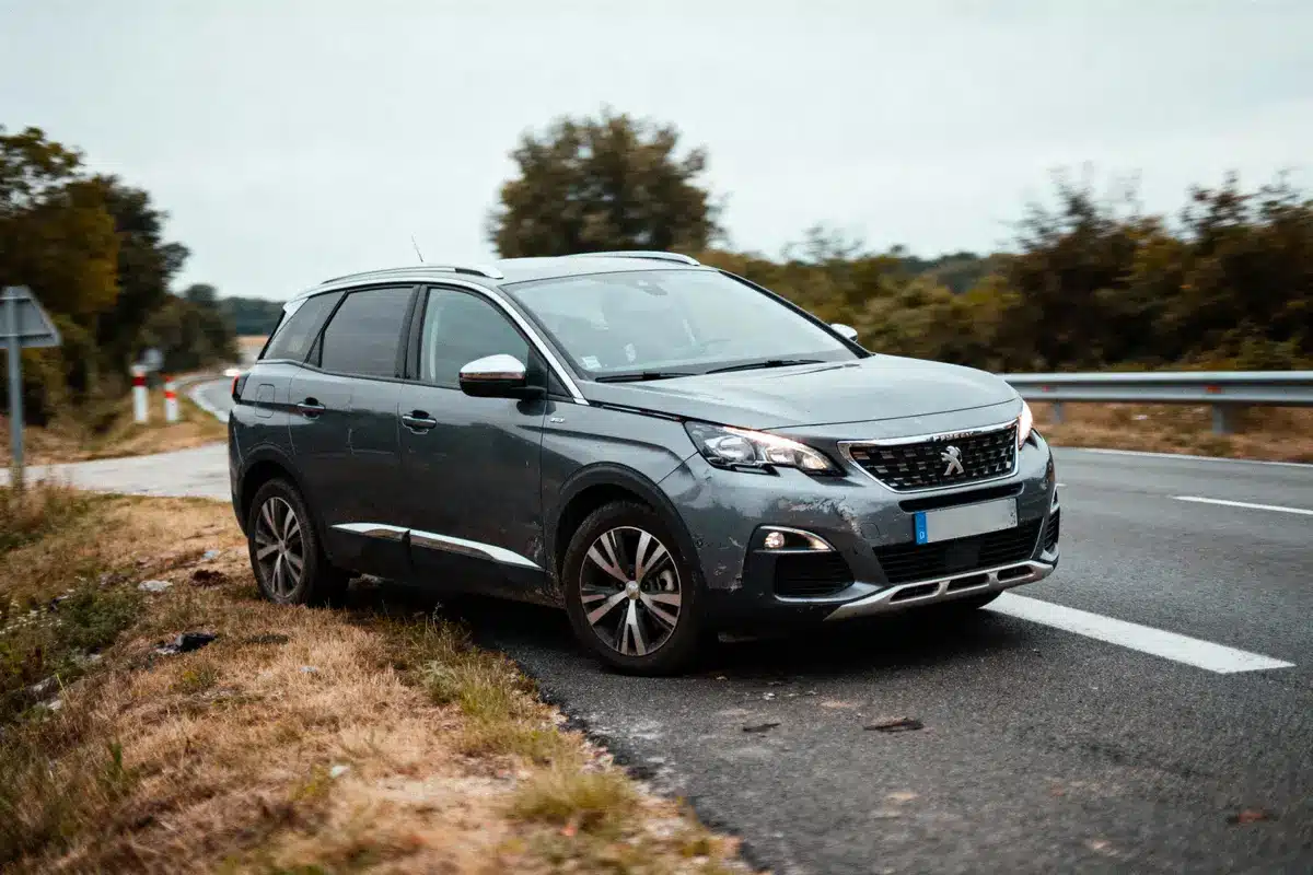 SUV gris garé sur le bord d'une route sinueuse, entouré de végétation et de barrières.