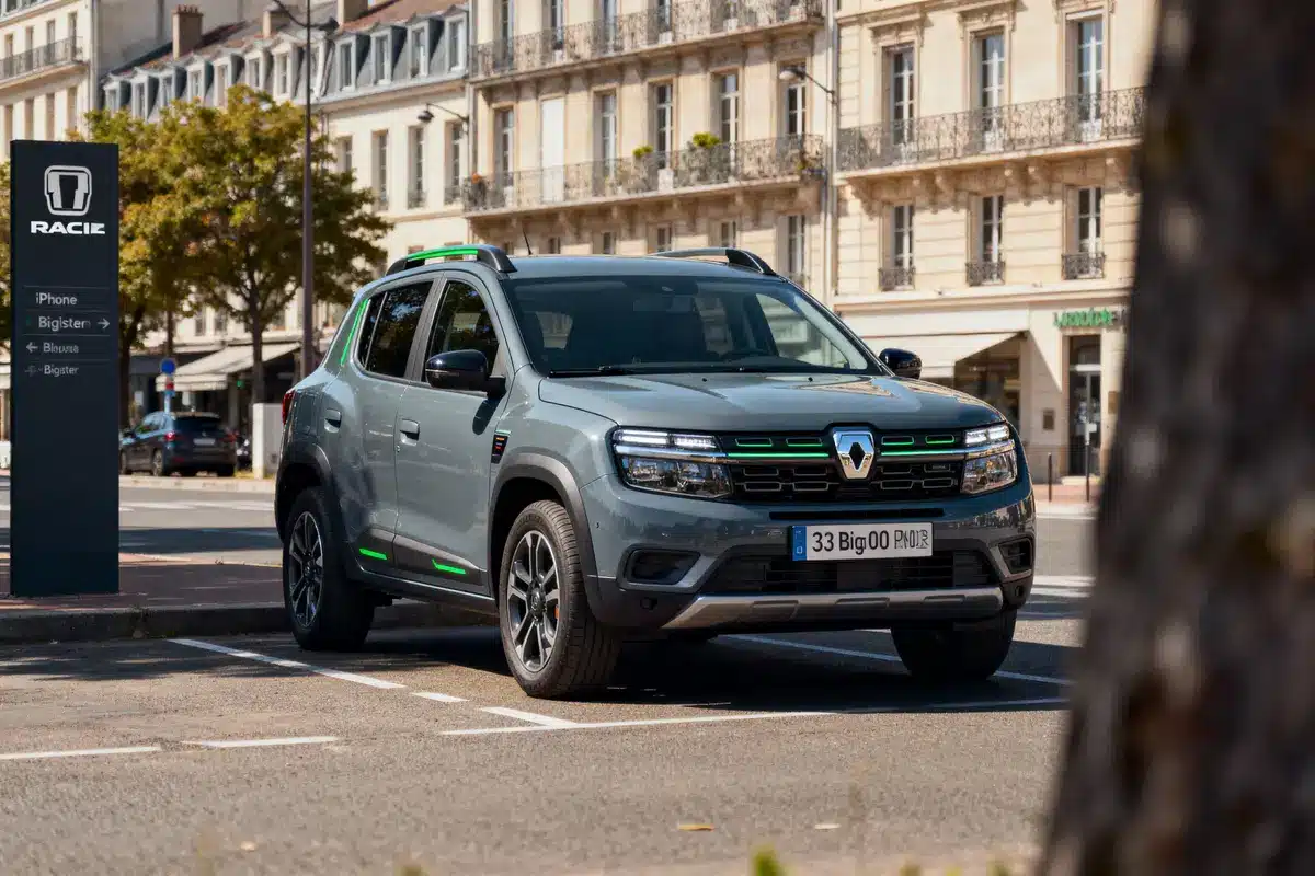 SUV gris stationné en ville, devant immeubles et panneau, par journée ensoleillée.