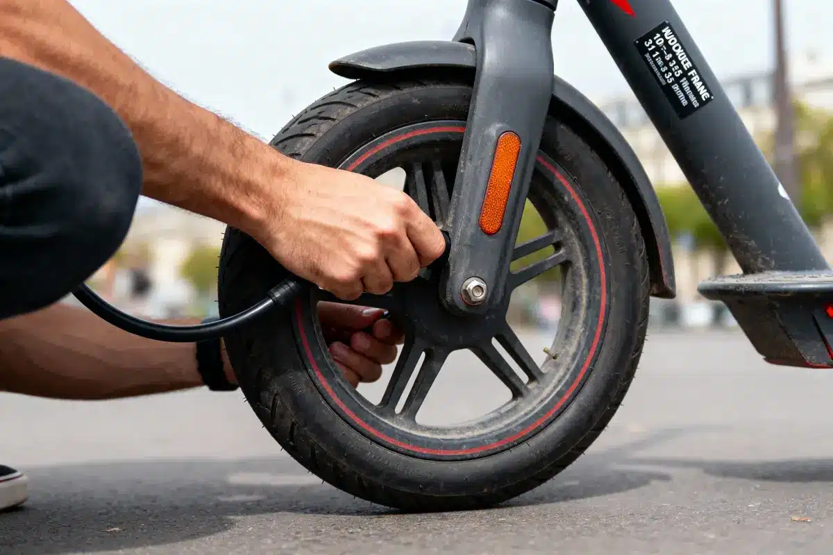 pexels-michal-pech-213601-757318 (1) Une main gonfle le pneu d’une trottinette électrique avec une pompe manuelle.