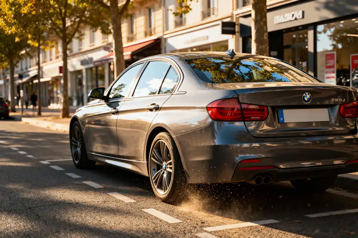 Voiture grise roulant sur route urbaine bordée de commerces et d'arbres, lumière ensoleillée.
