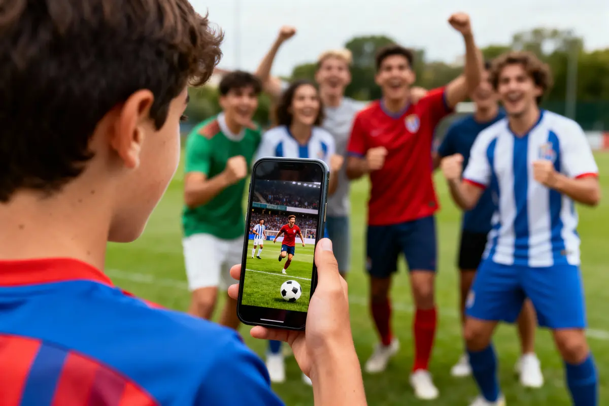 Jeune garçon photographiant des amis célébrant un but sur un terrain de football, affiché sur téléphone portable.