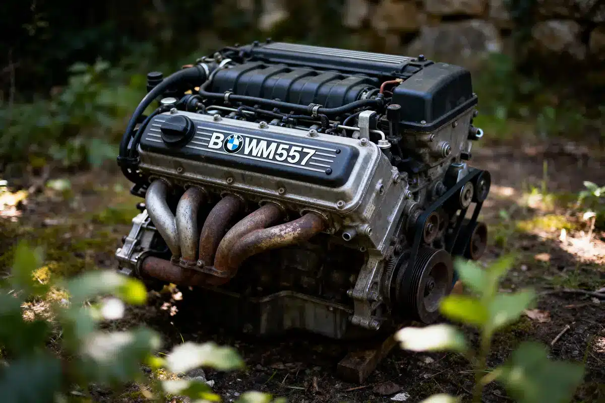 Moteur automobile BMW avec logo "BOWM557" placé à l'extérieur parmi la verdure, entouré d'arbres.