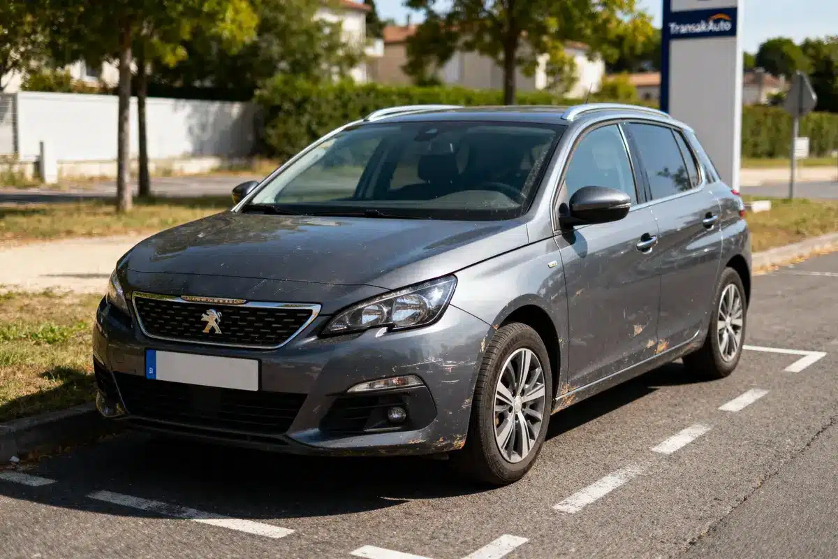 Voiture grise Peugeot garée sur une place de stationnement, fond extérieur flou avec arbres et panneaux.
