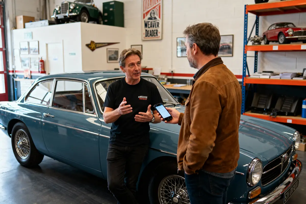 Deux hommes discutent près d'une voiture classique bleue dans un garage rempli d'objets automobiles.