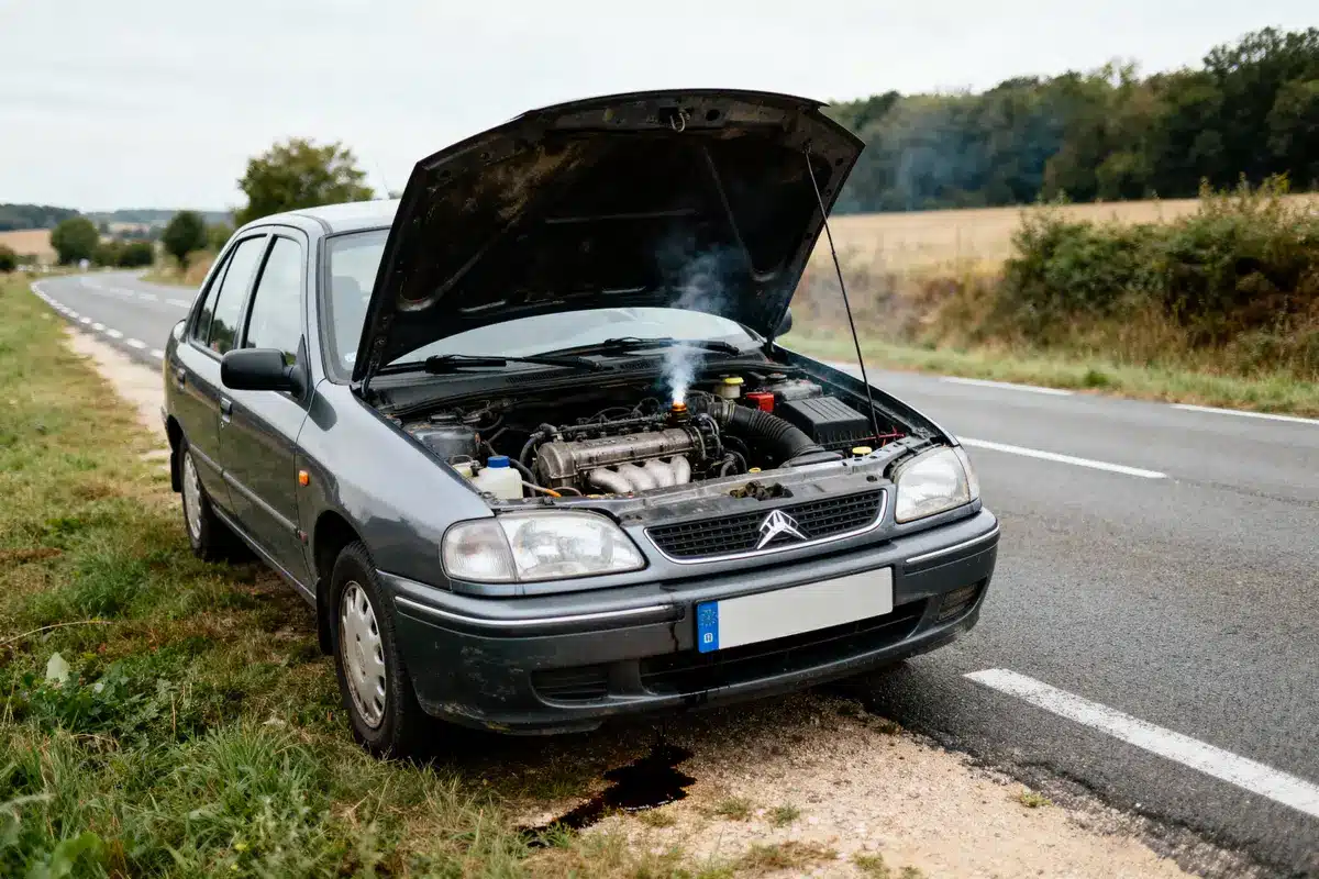 Voiture en panne sur le bord de route, capot ouvert, fumée s'échappant du moteur.