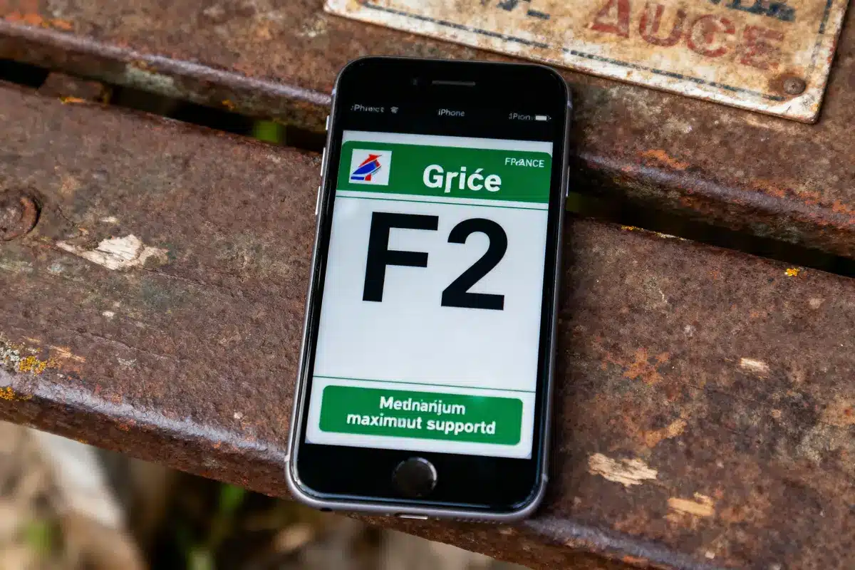 Smartphone affichant un panneau indicateur "Grice F2" sur surface métallique rouillée. Texte slovène en bas.
