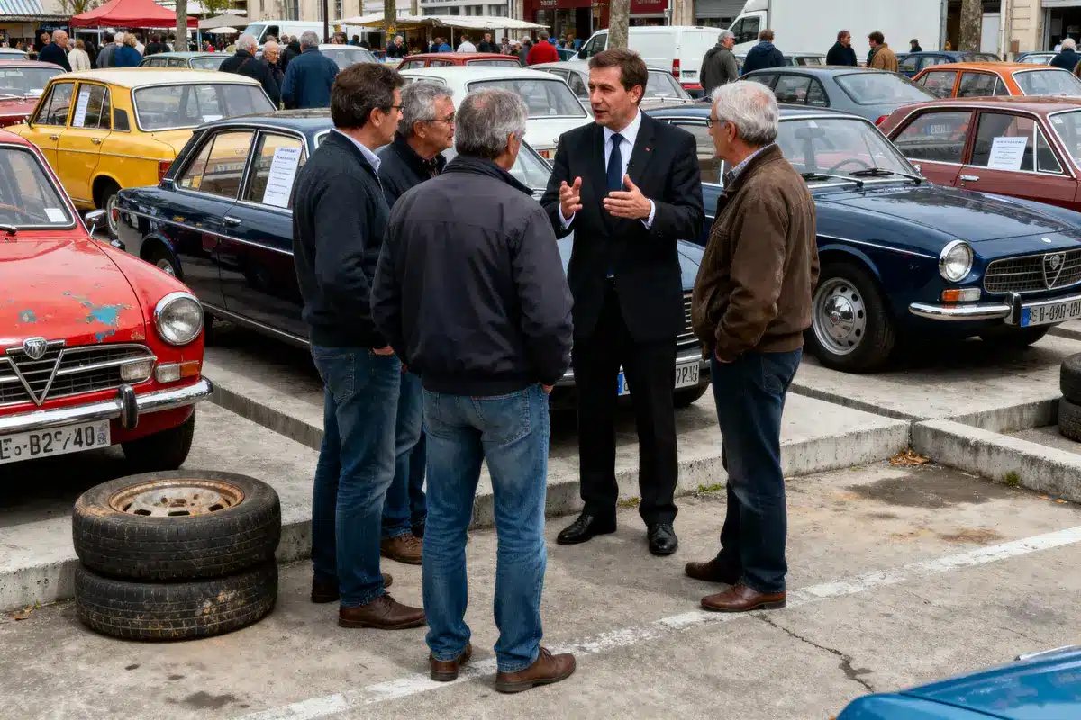 Cinq hommes discutent devant des voitures anciennes dans un parking. Pneus empilés à gauche.