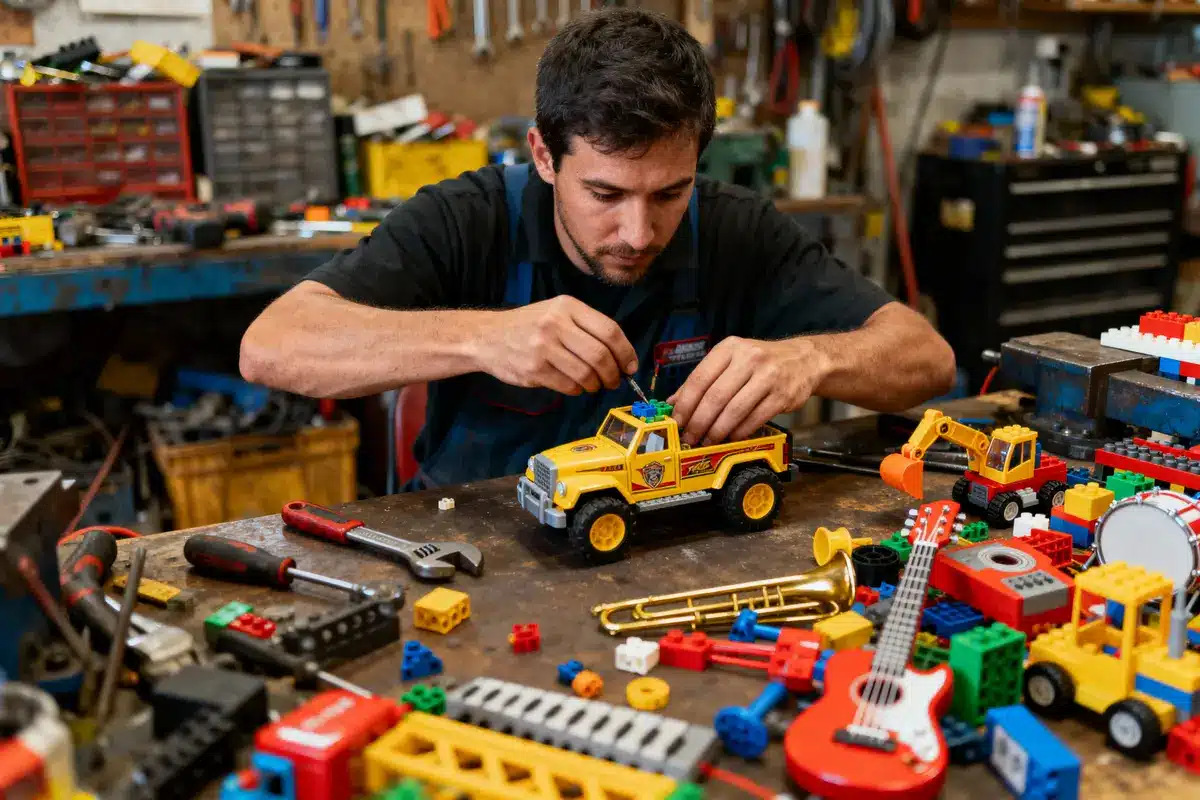 Un homme assemble des jouets en briques de construction dans un atelier encombré avec outils.