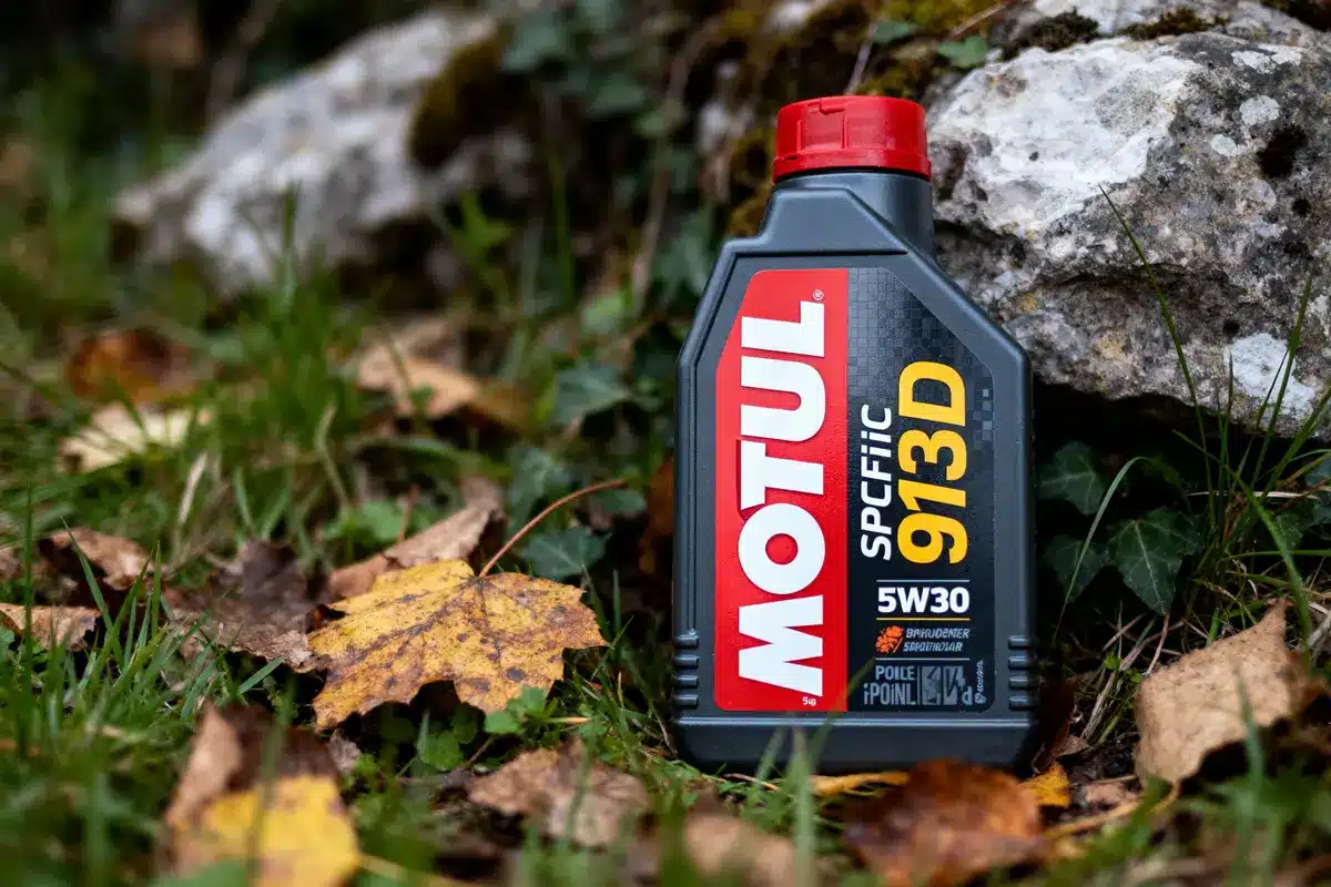 pexels-michal-pech-213601-757318 (1) Bouteille d'huile moteur Motul 5W30 sur sol herbeux, feuilles mortes, à côté d'une roche.