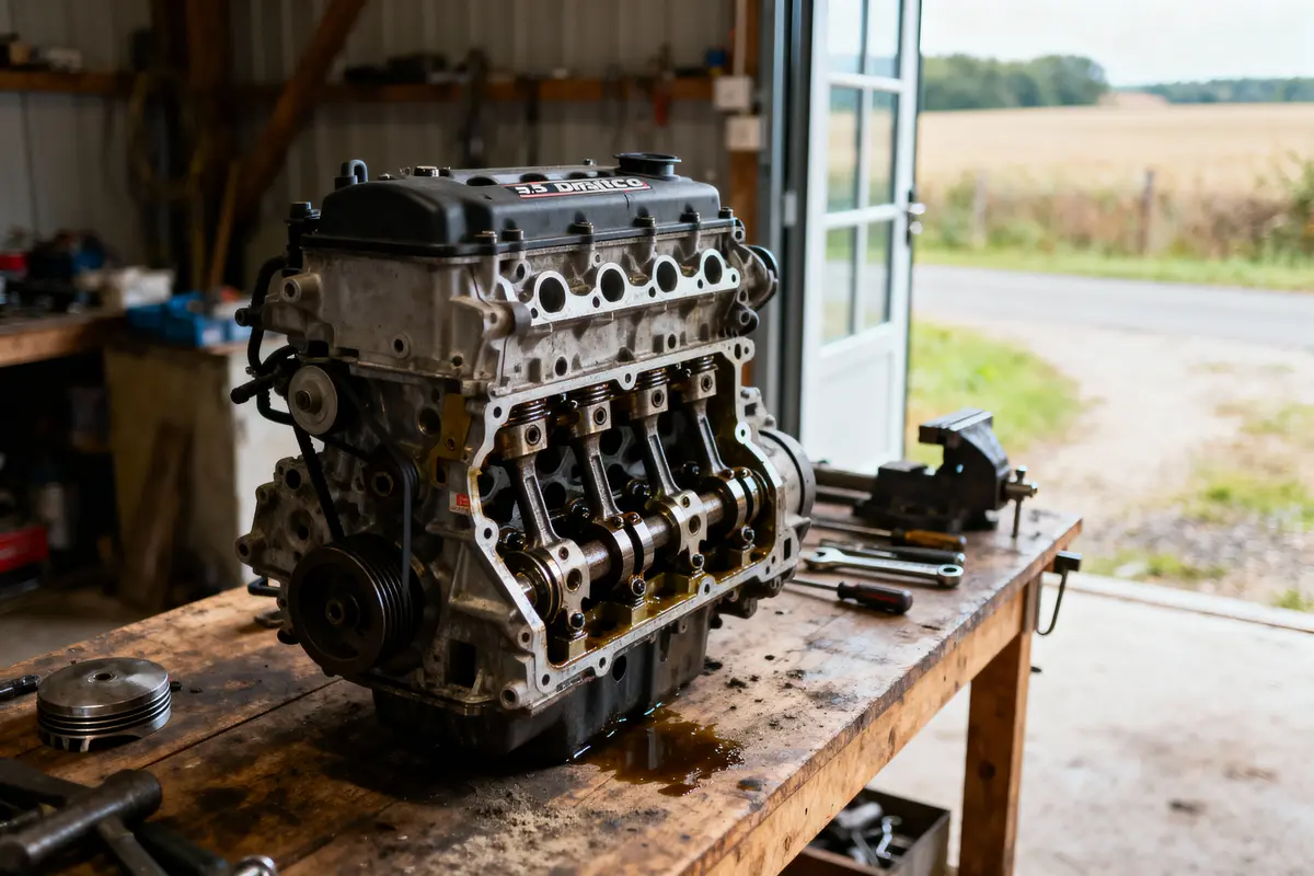 Moteur automobile démonté sur établi, dans un atelier, avec outils à proximité et vue extérieure sur champ.