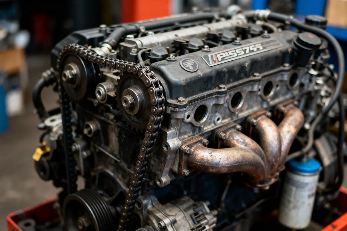 Moteur de voiture en gros plan dans un atelier mécanique, montrant chaînes et composants métalliques.