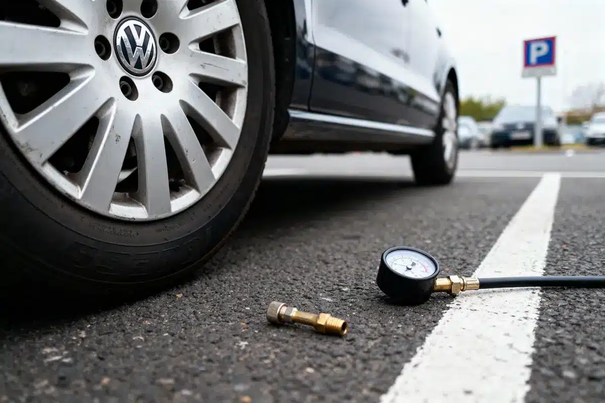 Roue de voiture Volkswagen avec manomètre pour pression sur un parking.