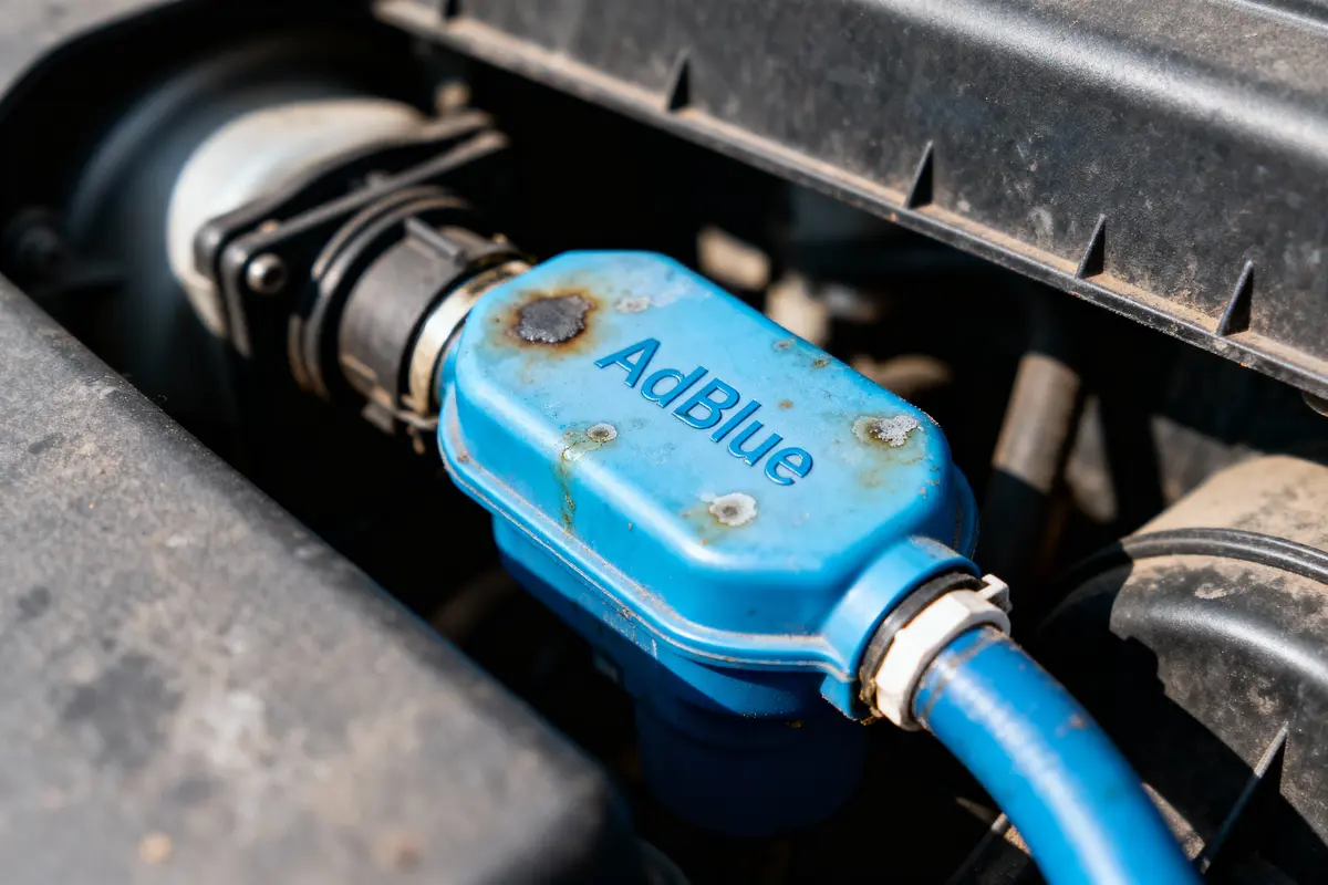 pexels-michal-pech-213601-757318 (1) Réservoir bleu AdBlue sous capot moteur, avec tuyau et connexions, entouré de pièces métalliques.