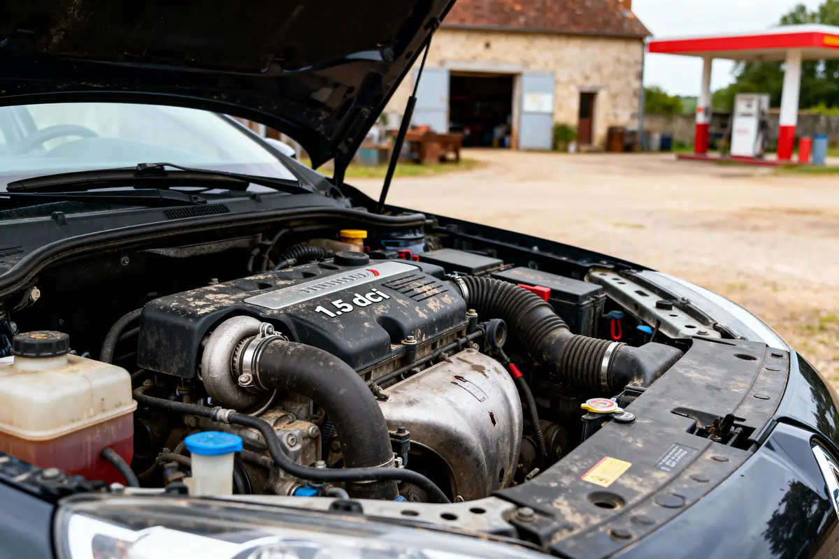Moteur de voiture 1.5 dCi avec capot ouvert, garage et station-service en arrière-plan.