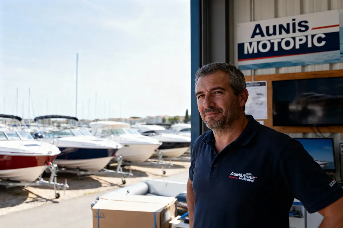Homme devant entrepôt maritime, Aunis Motopic, bateaux alignés en arrière-plan, ciel dégagé, jour ensoleillé.