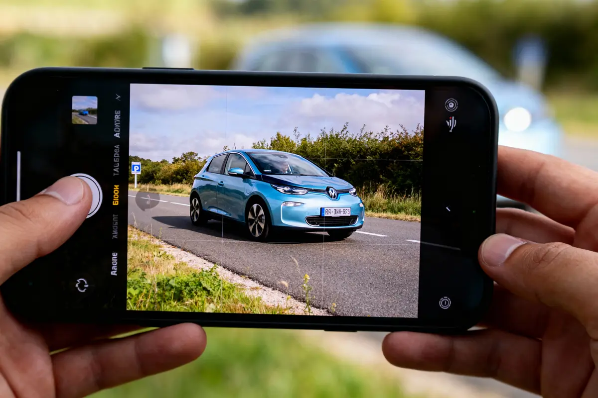 Main tenant un smartphone, photographiant une voiture bleue sur route campagne, ciel légèrement nuageux.