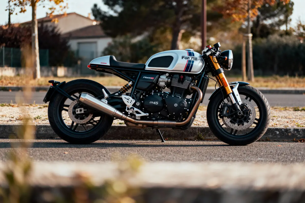 Moto vintage argentée garée sur une route, entourée de verdure et arbres en arrière-plan automnal.