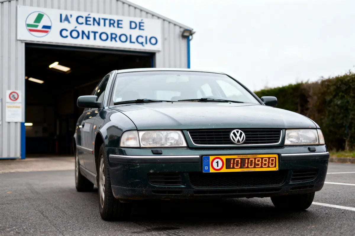 Voiture Volkswagen devant un centre de contrôle technique, pare-brise et plaque d'immatriculation visibles.