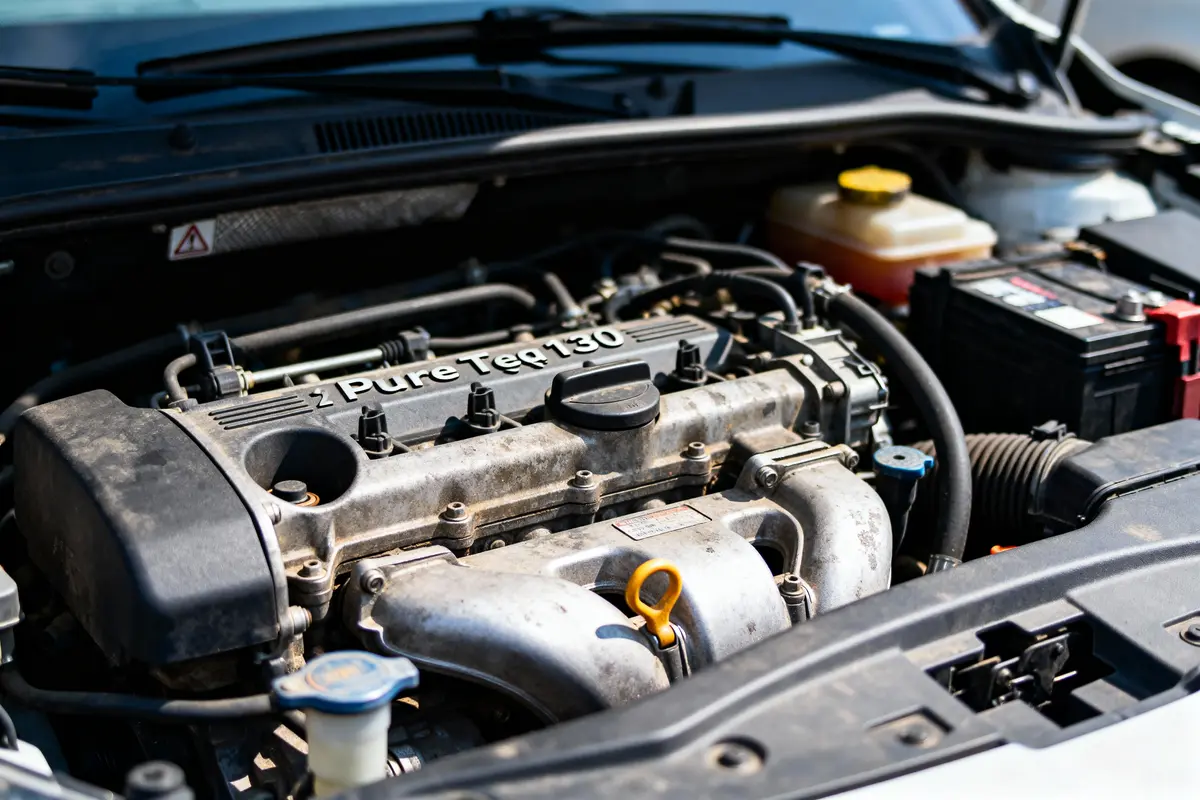 pexels-michal-pech-213601-757318 (1) Moteur voiture avec inscription "Pure Tech 130", capot ouvert, composants visibles, batterie et réservoir liquides.
