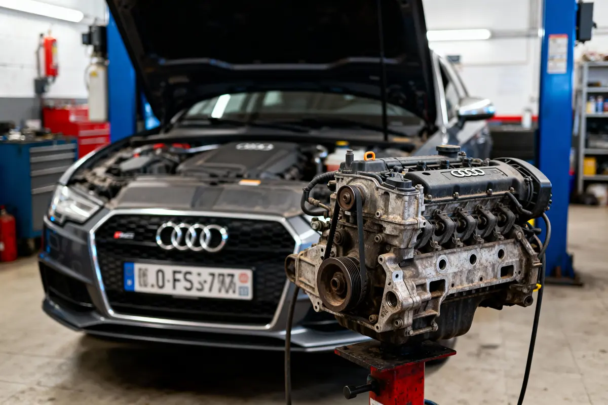 Voiture Audi avec capot ouvert dans un garage, moteur retiré au premier plan sur support.