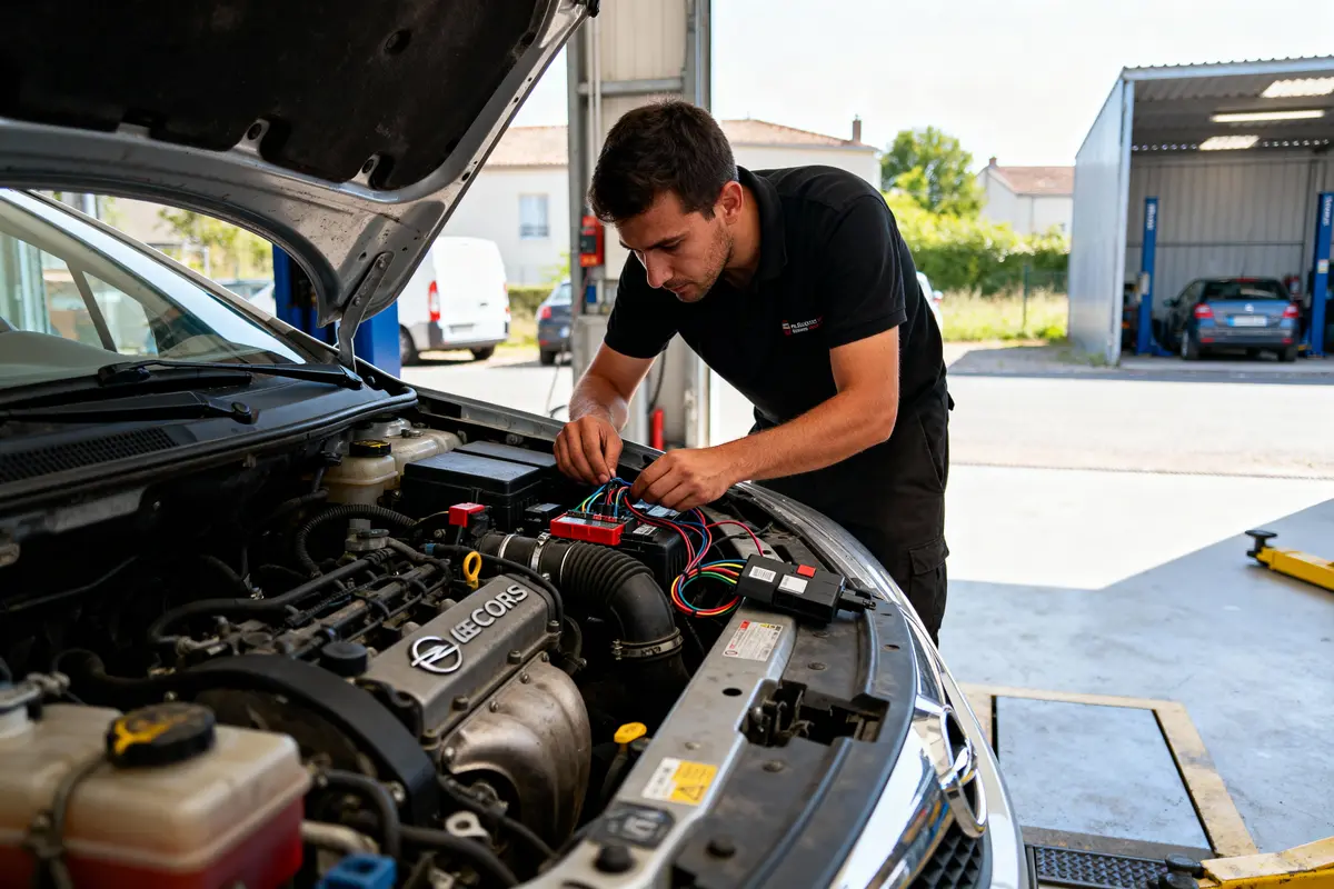 Mécanicien travaillant sur le moteur d'une voiture dans un garage automobile en plein jour.
