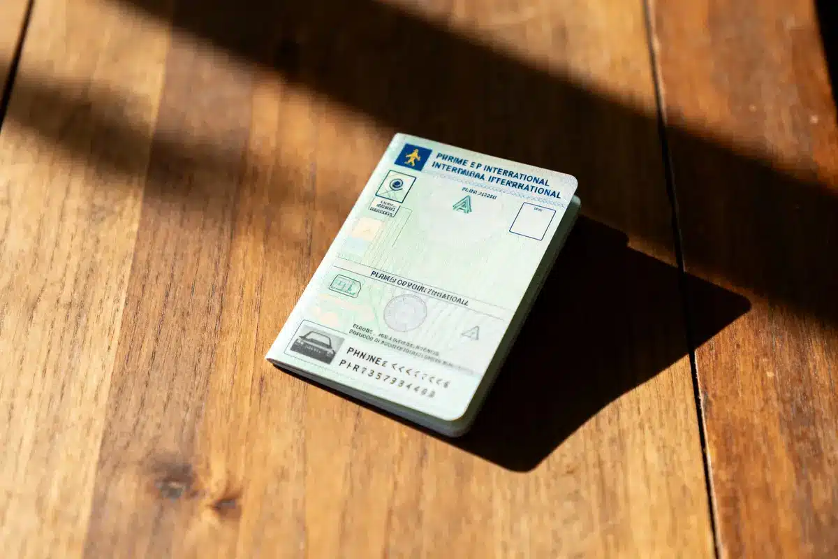 Passeport ouvert sur une table en bois, éclairé par la lumière du soleil.
