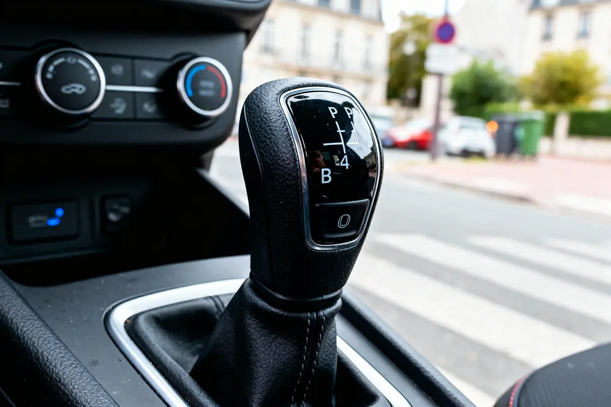 Levier de vitesse automatique dans l'habitacle d'une voiture, boutons de contrôle en arrière-plan flouté, extérieur urbain.