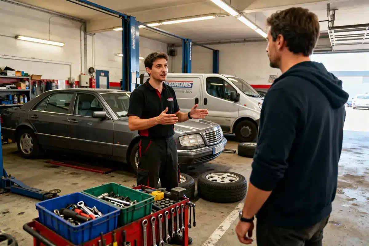 Deux personnes discutent dans un garage, près d'une voiture, avec des outils et pneus autour.