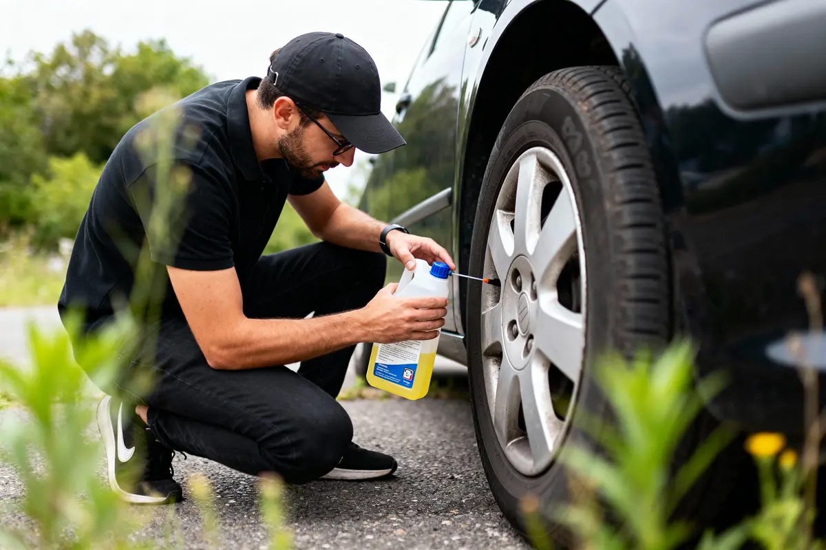 Homme appliquant produit sur roue de voiture noire en extérieur, près d'une route bordée de verdure.