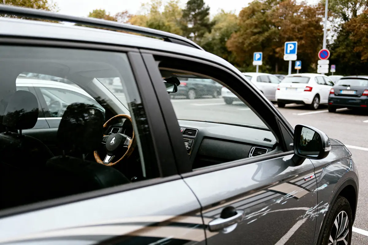 Vue intérieure d'une voiture stationnée, volant en cuir visible, parking avec autres voitures en arrière-plan.