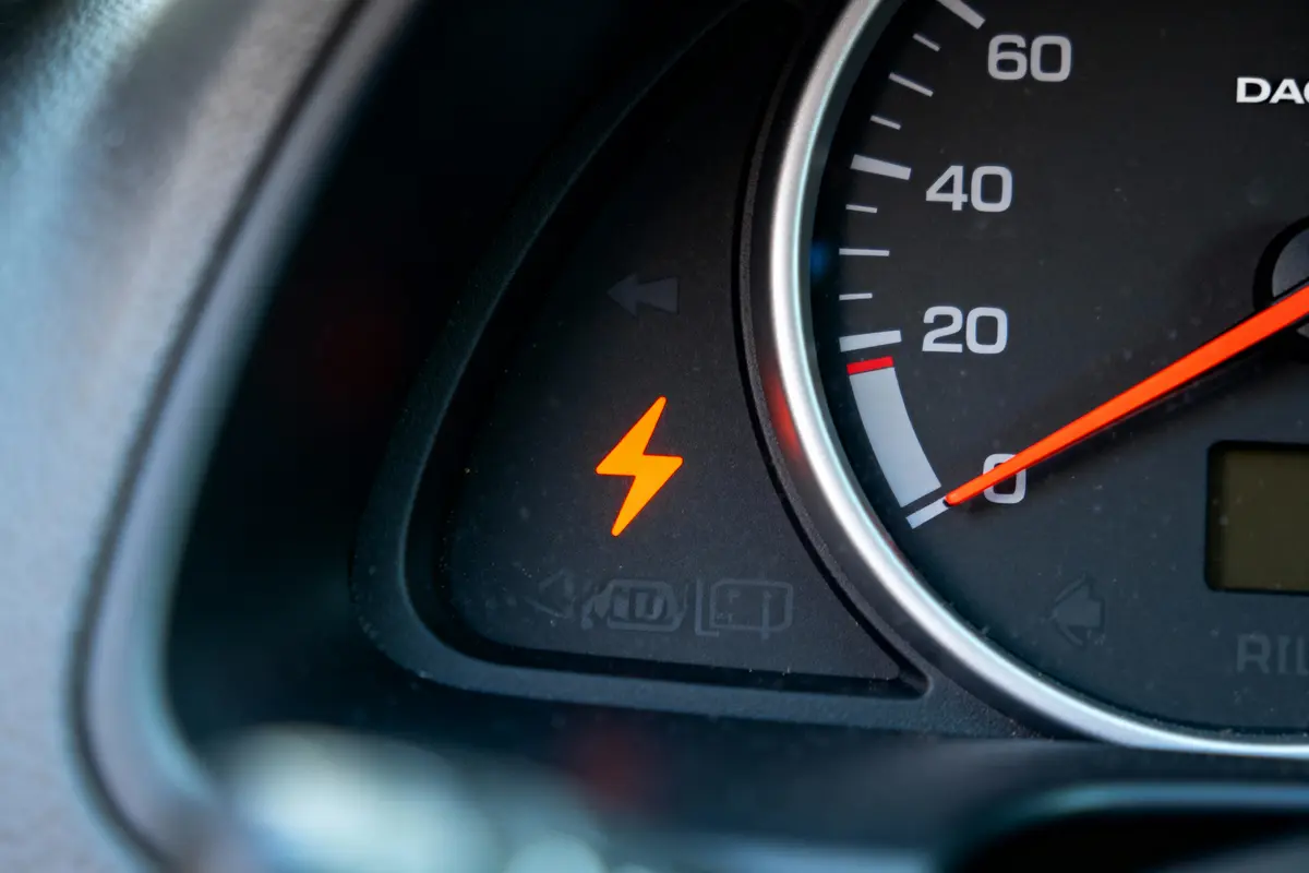 Icône orange de batterie sur tableau de bord de voiture, flèche et tachymètre visible indiquant 0.