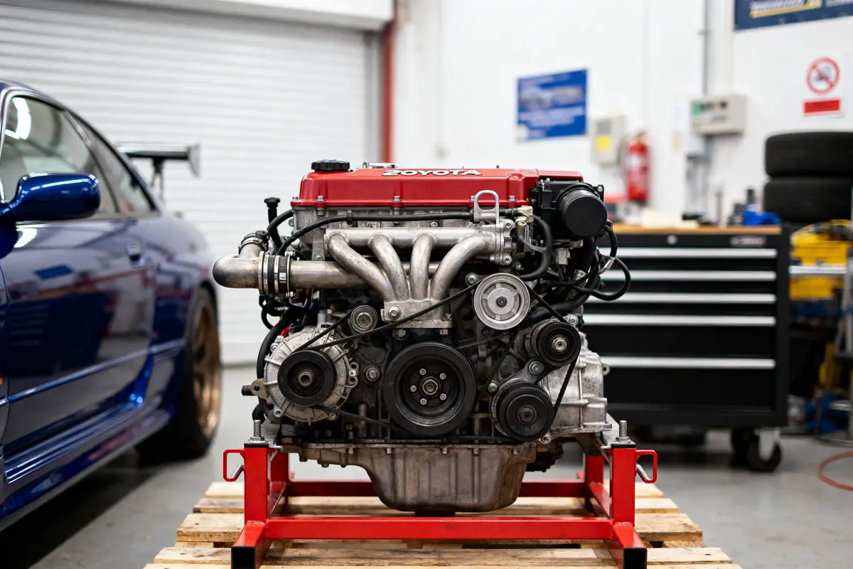 Moteur automobile Toyota sur support rouge dans un atelier, à côté d'une voiture bleue.