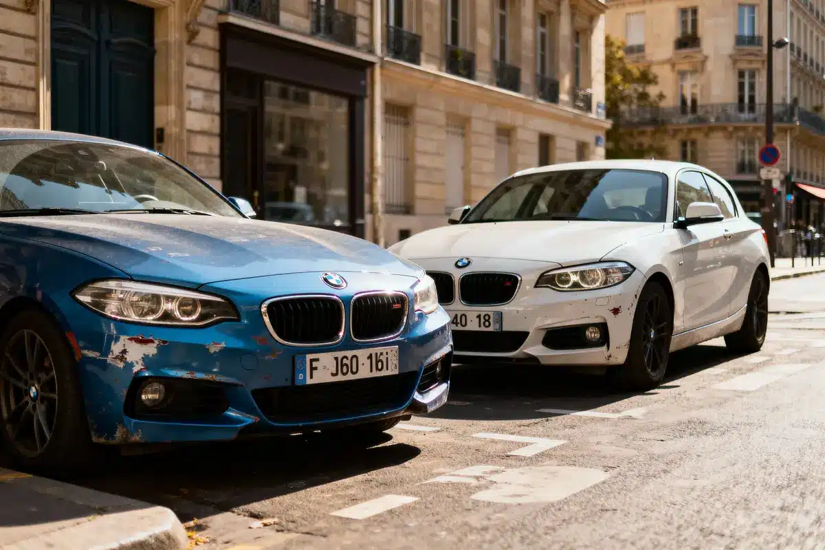 pexels-michal-pech-213601-757318 (1) Deux BMW garées dans une rue parisienne, une bleue abîmée et une blanche en arrière-plan.